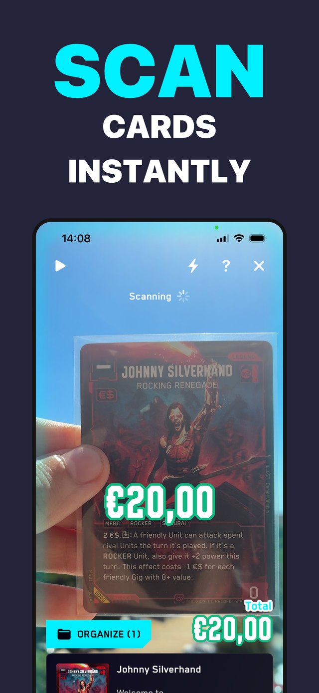 Neon TCG app scanning a Cyberpunk TCG card with the camera