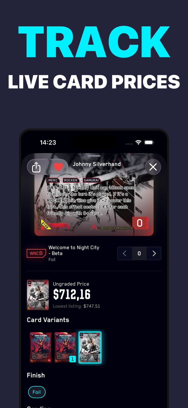 Cyberpunk TCG card detail with live prices from TCGPlayer and Cardmarket